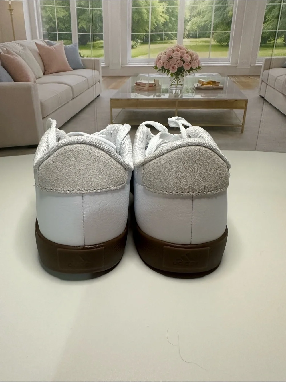 adidas White Sneakers with Black Stripes and Brown Sole